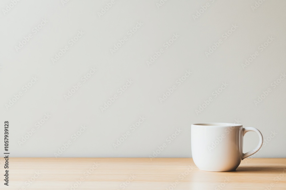 A simple white mug on a wooden table against a plain background. A simple white mug on a wooden table against a plain background.