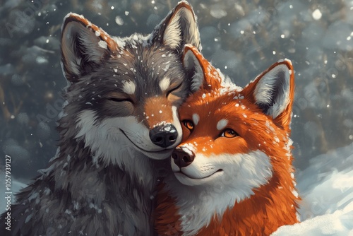 Two wolves sharing a close moment in a snowy forest during winter