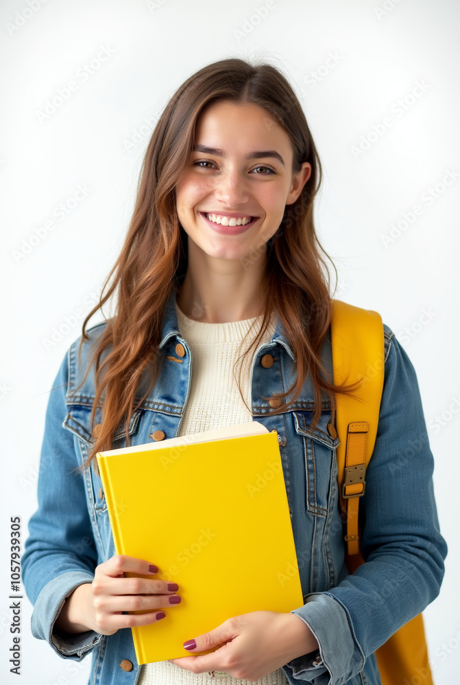 Menina jovem estudante sorridente com livro amarelo Menina jovem estudante sorridente com livro amarelo