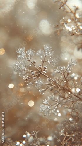 Delicate snowflakes shimmering against a warm golden background during winter...