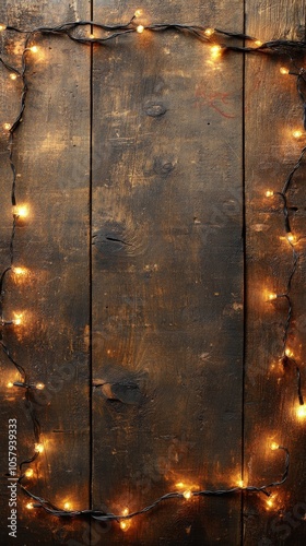 Warm twilight atmosphere created by string lights on rustic wooden background...