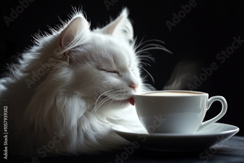 A fluffy white kitten curiously drinks from a small cup in soft lighting