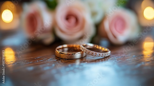 Golden wedding rings resting on a surface reflecting warm light in a cozy set...