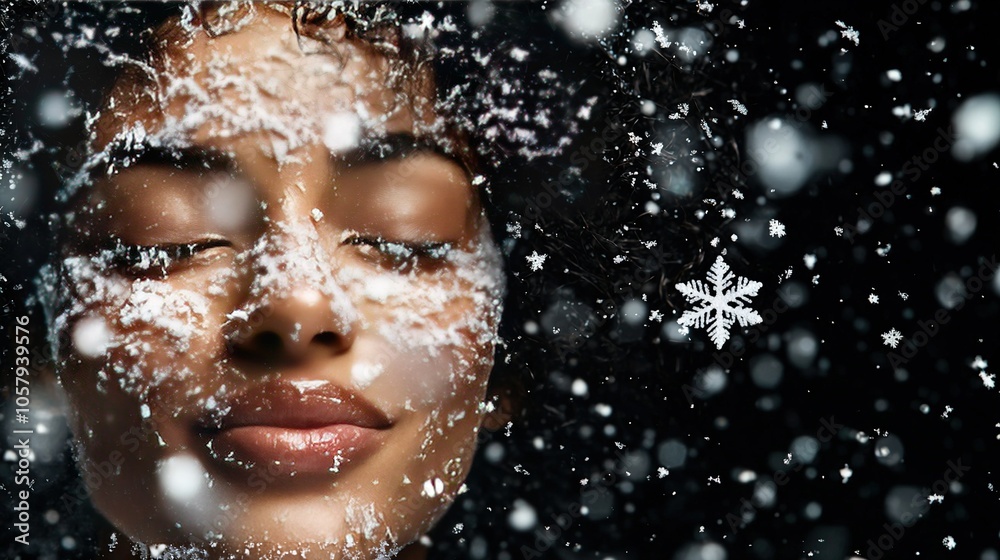   A woman's face, shrouded in snow, gazes upward at falling snowflakes