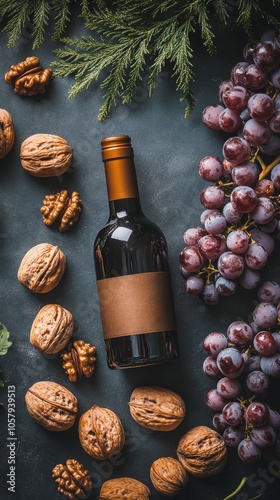 A rustic arrangement of wine bottle, grapes, walnuts, and grape leaves on dar...