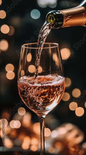 Pouring sparkling wine into a glass with bubbles in an elegant setting during...