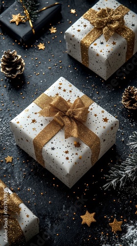 Elegant gift boxes with golden bows against a dark background for festive cel...