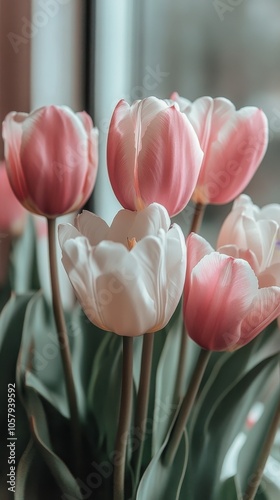 Delicate arrangement of pink and white flowers with petals on a soft white ba...
