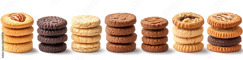 Assorted Nutty Cookies Tower. Variety of Crunchy Baked Treats on Isolated Background Assorted Nutty Cookies Tower. Variety of Crunchy Baked Treats on Isolated Background
