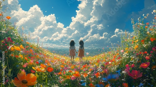 Two young girls holding hands in a vibrant flower field during sunset