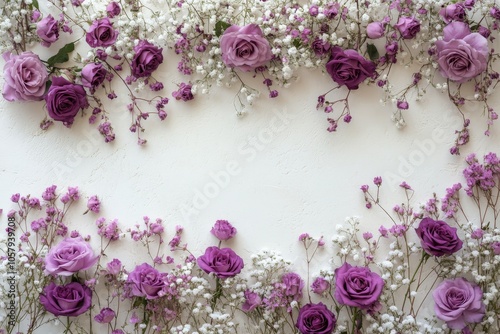 Lavish arrangement of purple roses and delicate flowers against a light backg...