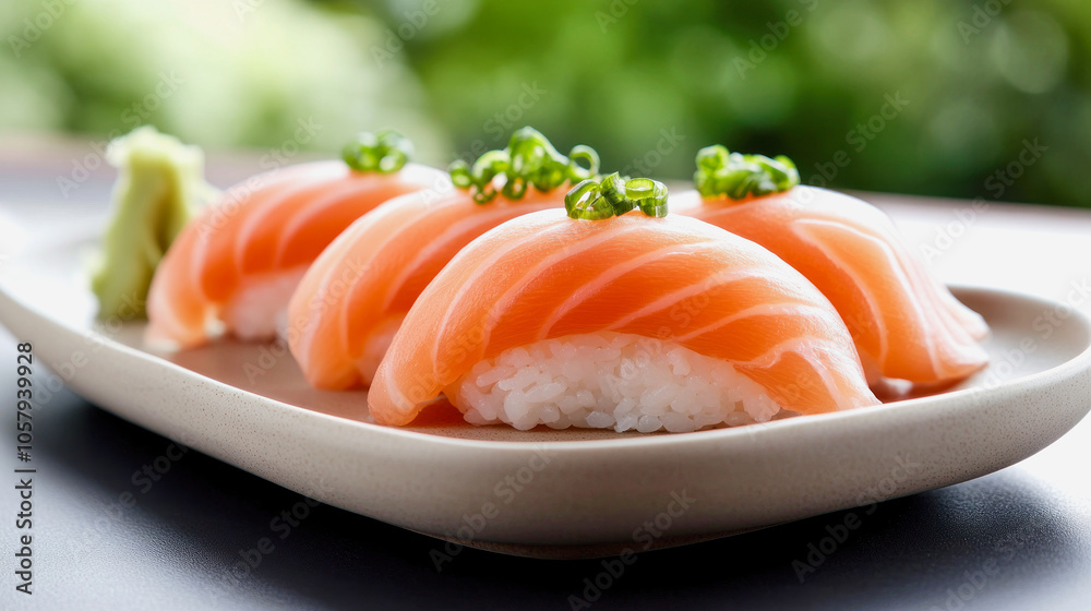 Freshly prepared sushi featuring salmon nigiri served on a beautiful plate with wasabi and scallions in a serene outdoor setting Freshly prepared sushi featuring salmon nigiri served on a beautiful plate with wasabi and scallions in a serene outdoor setting
