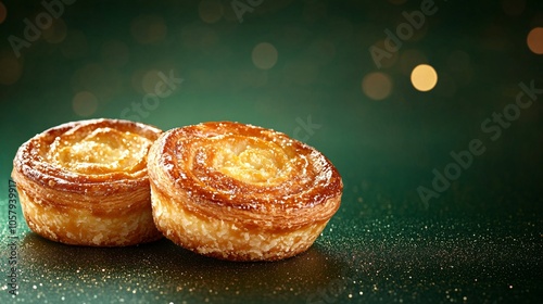 Two pastel de nata with rich golden crust isolated on a dark green background, with hints of holiday sparkle