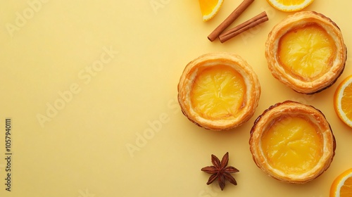 Two pasteis de nata with golden crust isolated on a pale yellow background, with cinnamon sticks and orange slices photo