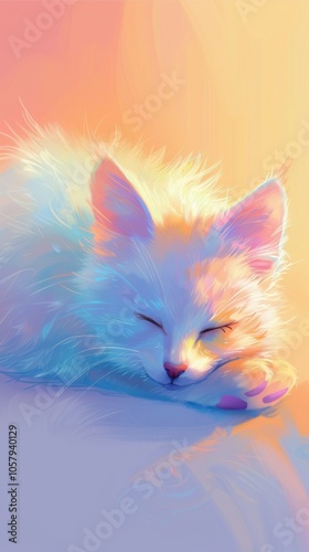 A colorful cat is peacefully sleeping on a bed with eyes closed