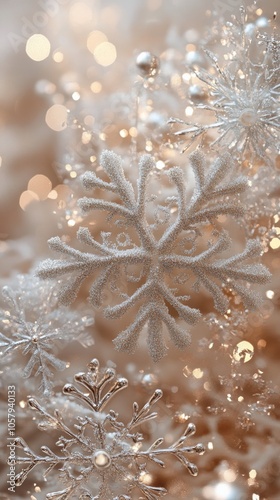 Delicate snowflakes shimmering against a warm golden background during winter...