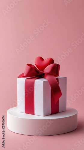 Decorative red gift box with a ribbon on a white pedestal against a pink back...