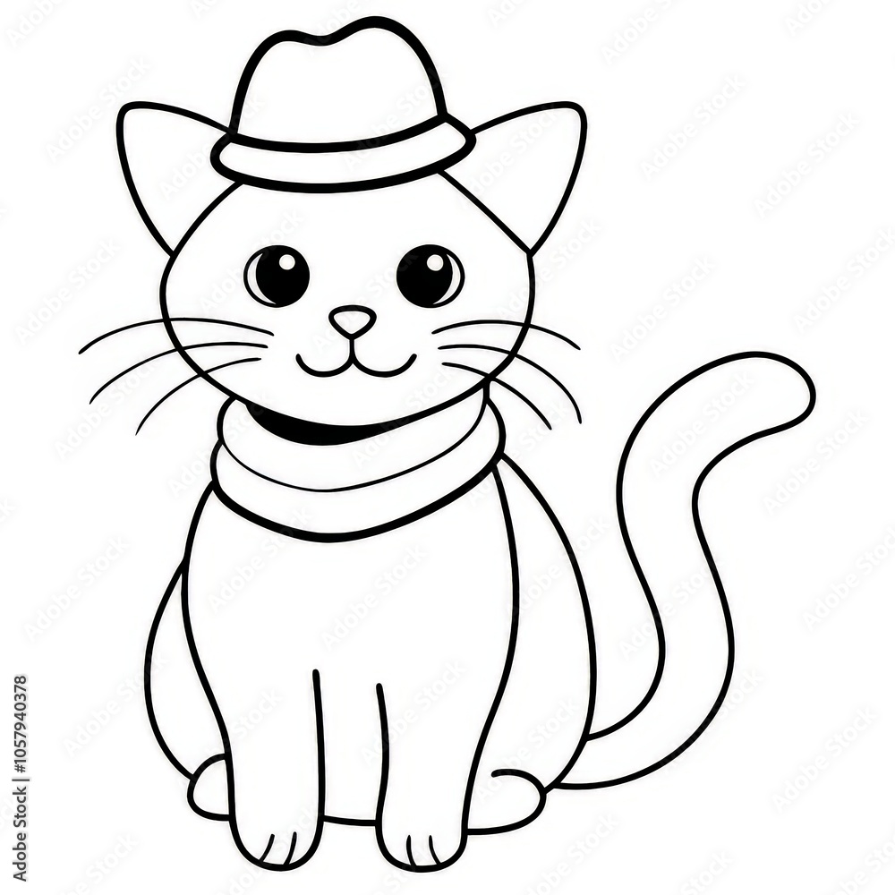 Obraz premium Illustration of a Cute Cat in a Hat - Coloring Book