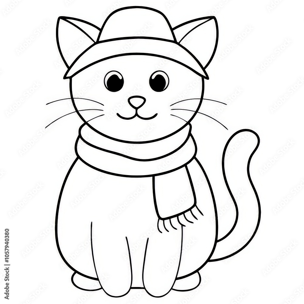 Illustration of a Cute Cat in a Hat - Coloring Book Illustration of a Cute Cat in a Hat - Coloring Book