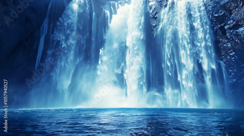 A beautiful waterfall in the middle of a jungle. The water is crystal clear and blue. The waterfall is surrounded by lush green trees and plants.