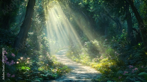 Sunbeams illuminate a path through a lush, green forest.