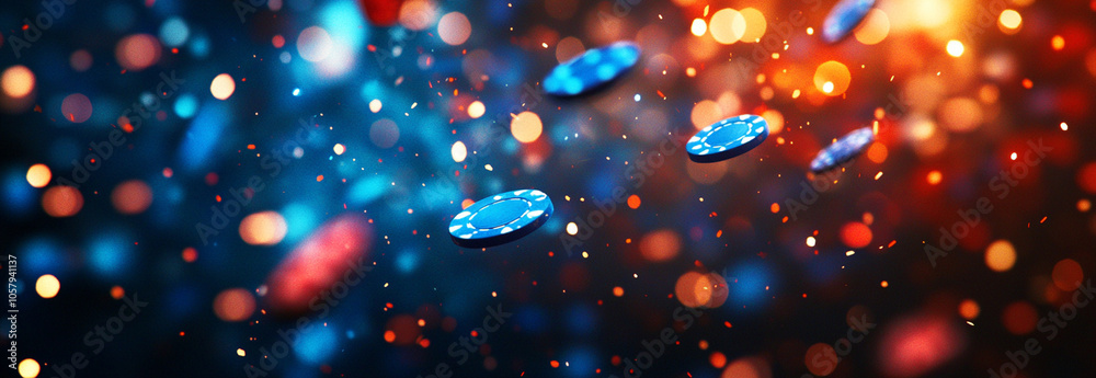 Dynamic image of colorful poker chips suspended in mid-air with vibrant bokeh lights in the background, creating an energetic casino atmosphere.
Dynamic image of colorful poker chips suspended in mid-air with vibrant bokeh lights in the background, creating an energetic casino atmosphere.