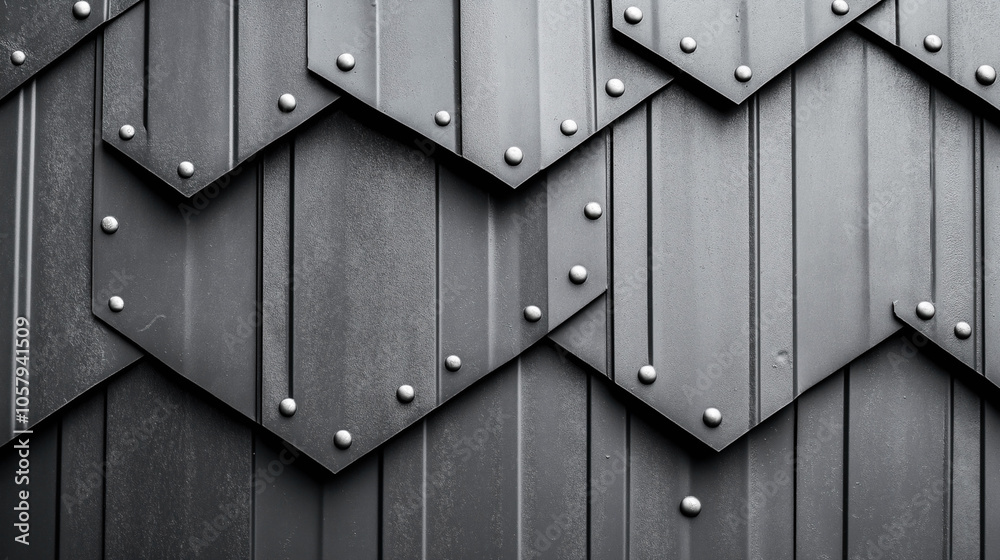 Close-up of a geometric patterned metal surface with overlapping panels and rivets. The abstract arrangement features repeating shapes and textures, showcasing industrial design elements.