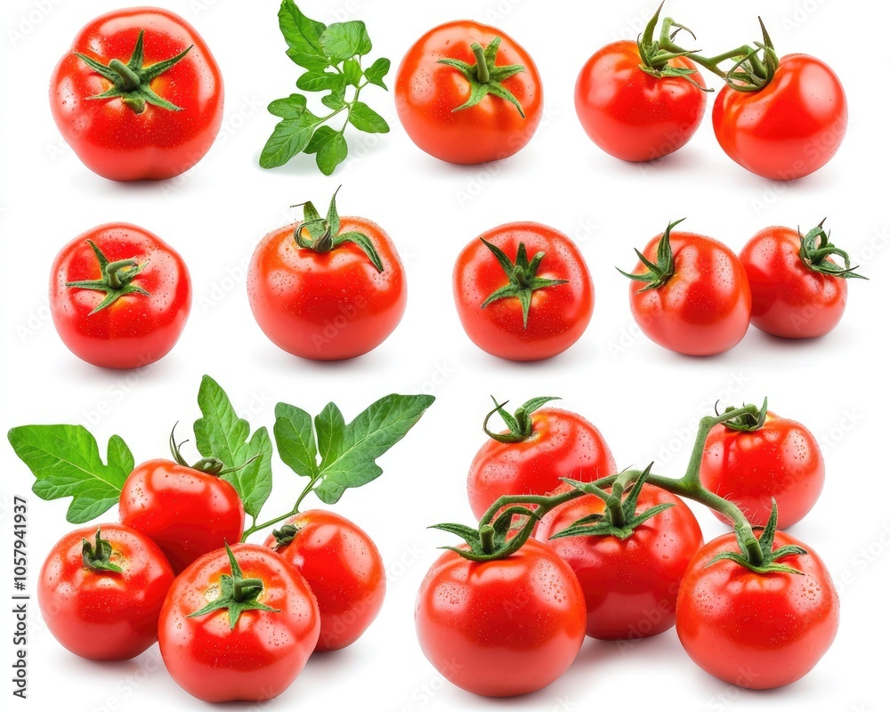 Ripe Tomatoes Collection with Fresh Leaves on White Background Ripe Tomatoes Collection with Fresh Leaves on White Background