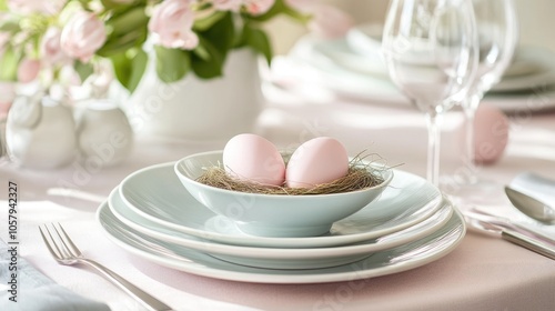 Serene Spring Easter Table Setting with Pastel Accents and Organic Decor Elements