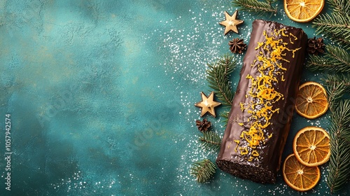 Chocolate Yule log with orange zest isolated on a rich teal background, with dried orange slices and holiday stars