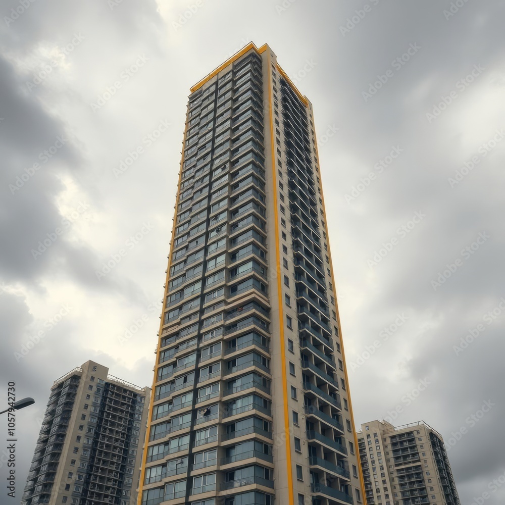 A tall building with a lot of windows and a yellow trim the building is surrounded by a cloudy sky Condominium A tall building with a lot of windows and a yellow trim the building is surrounded by a cloudy sky Condominium