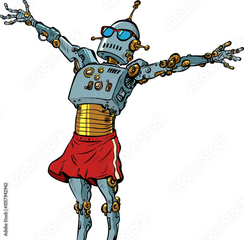 Freedom of artificial intelligence. Robot spreads its arms in the ocean. Summer applications for the phone.