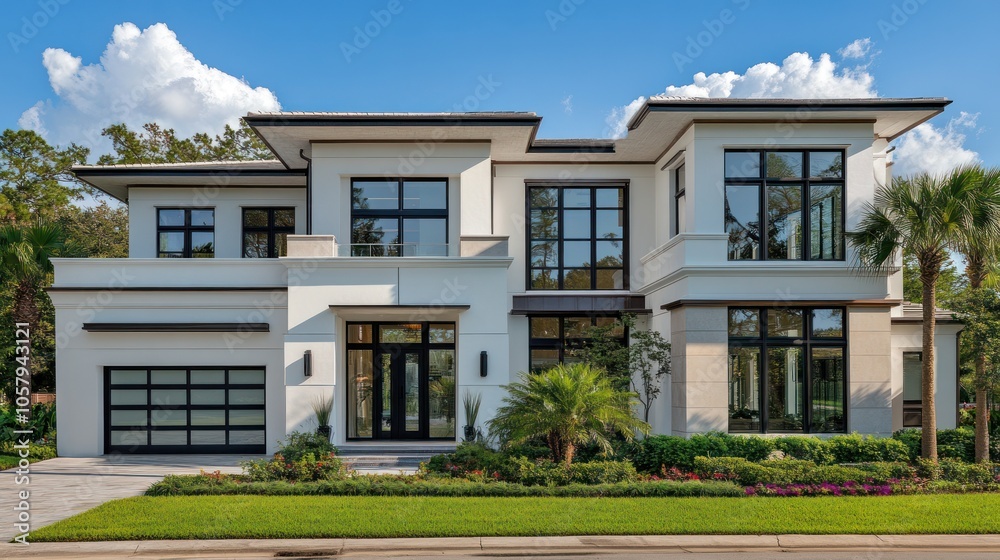 Modern white two-story house with black trim and large windows. Modern white two-story house with black trim and large windows.