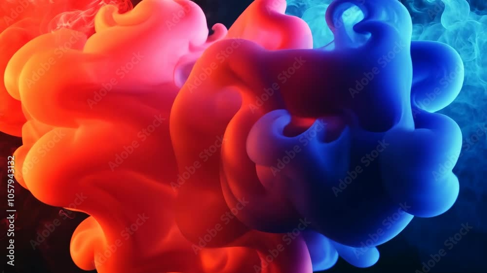 Red and blue ink swirl together in a dark background, creating a vibrant abstract pattern
