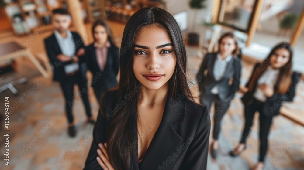 Confident Hispanic businesswoman stands in foreground with arms crossed, looking at camera, while diverse team of focused colleagues discusses strategy in stylish office setting.