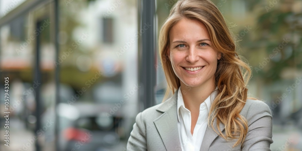 Confident young businesswoman standing outside office building, smiling warmly at camera, showcasing professional attire, embodying success in entrepreneurship and leadership. Confident young businesswoman standing outside office building, smiling warmly at camera, showcasing professional attire, embodying success in entrepreneurship and leadership.