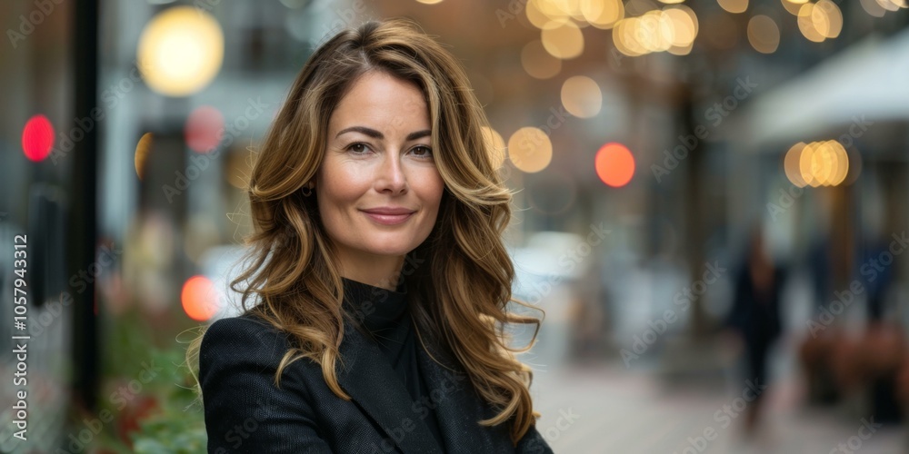 Fototapeta premium Confident businesswoman with flowing brown hair poses outdoors, smiling softly, surrounded by urban setting, demonstrating professional success and empowerment, copy space.