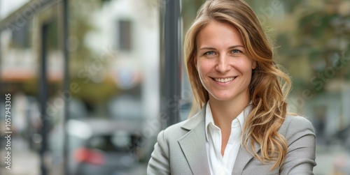 Confident young businesswoman standing outside office building, smiling warmly at camera, showcasing professional attire, embodying success in entrepreneurship and leadership.