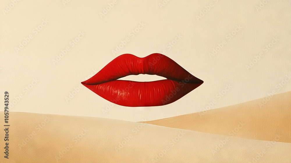 Fototapeta premium A woman's red lips on a beige canvas with a sand dune in the foreground