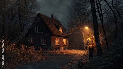 A dimly lit house at night surrounded by trees and a streetlamp.