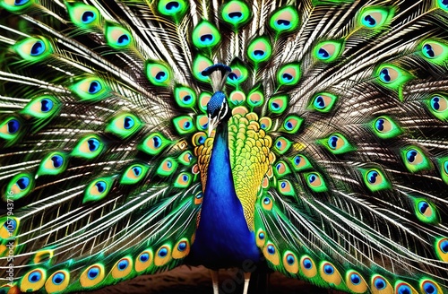 The peacock has spread its tail. The bird has beautiful plumage.