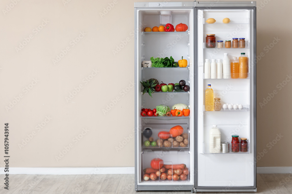 Big open fridge with different fresh products near beige wall in kitchen Big open fridge with different fresh products near beige wall in kitchen