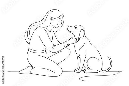 Simple Line Art of Woman Kneeling with a Loving Dog Hug