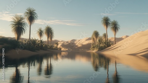 A serene oasis with palm trees, a tranquil lagoon, and golden sand dunes under a clear blue sky.