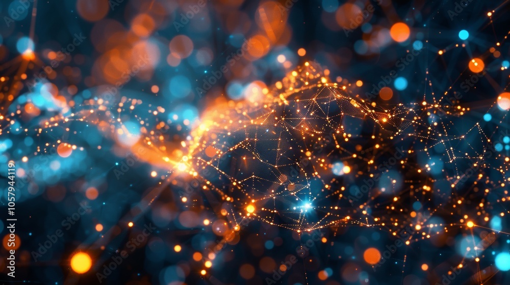Abstract blue and orange lights forming connected network Abstract blue and orange lights forming connected network