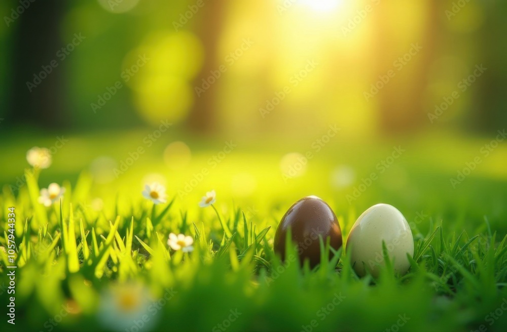 Fototapeta premium Two easter chocolate eggs on a field of grass and flowers, sunlight on background, space for text or logo