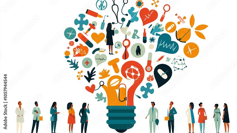 A group of individuals gathered near a lightbulb containing different objects within it A group of individuals gathered near a lightbulb containing different objects within it