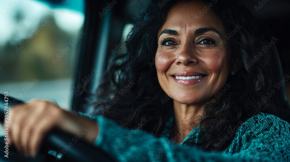 Happy Hispanic woman with curly hair driving, joyful and natural lifestyle moment in car. Happy Hispanic woman with curly hair driving, joyful and natural lifestyle moment in car.