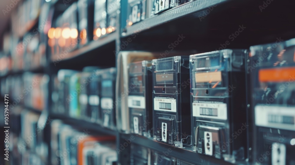 Obraz premium A shelf lined with audio cassettes each individually labeled with the artist and album name.