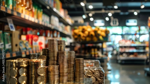 Stacks of coins on counter in grocery store background photo